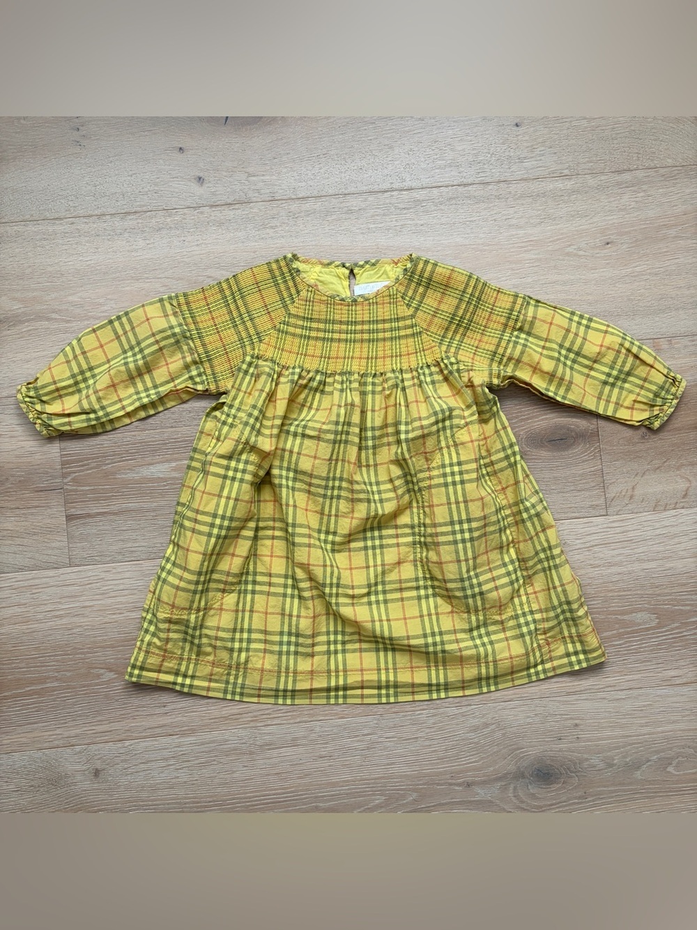 Burberry Kids Yellow Nova Check Smocked Dress Long Sleeve 4Y 110 100% Cotton*P